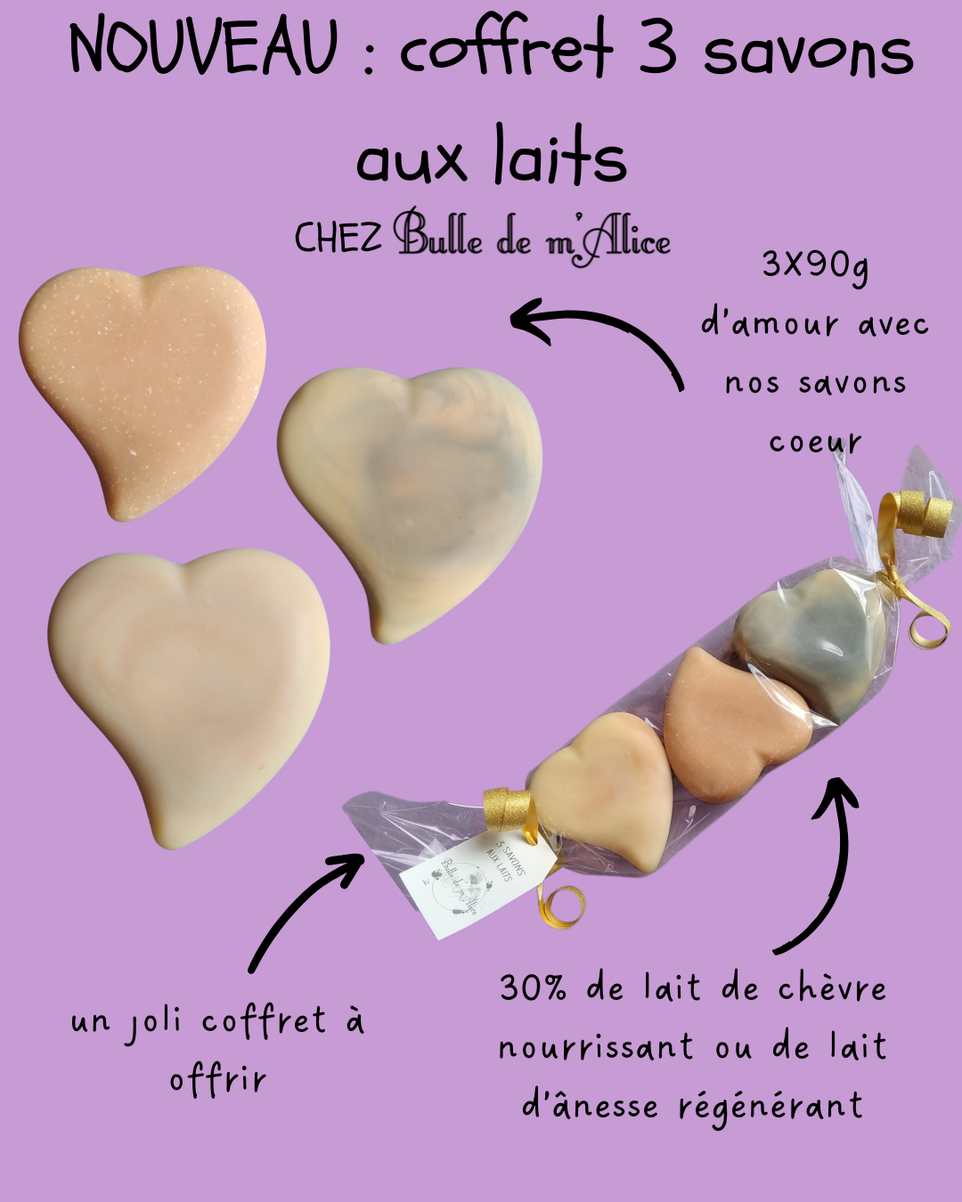 Lire la suite à propos de l’article NOUVEAU : coffret de 3 savons cœur aux lait de chèvre et d’ânesse